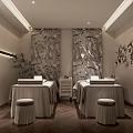 Serene SPA Sauna Relaxation Room With Massage Tables Stone Walls And Decorative Plants