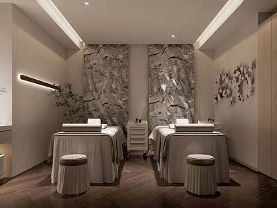 Serene SPA Sauna Relaxation Room With Massage Tables Stone Walls And Decorative Plants 3d model