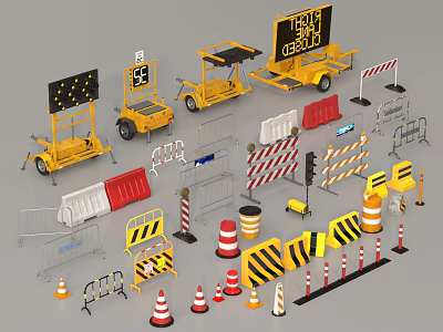 Traffic Safety Equipment With Construction Vehicles Barriers Cones And Warning Signs 3d model