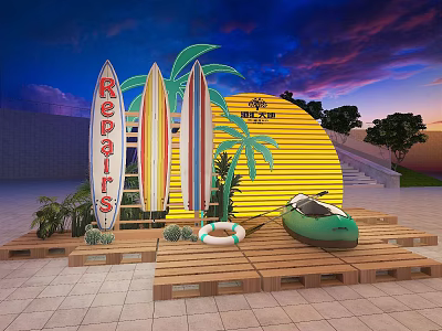 Repairs Sign With Surfboards Palm Trees And Small Boat On Wooden Pallet Platform At Sunset 3d model