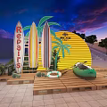 Repairs Sign With Surfboards Palm Trees And Small Boat On Wooden Pallet Platform At Sunset