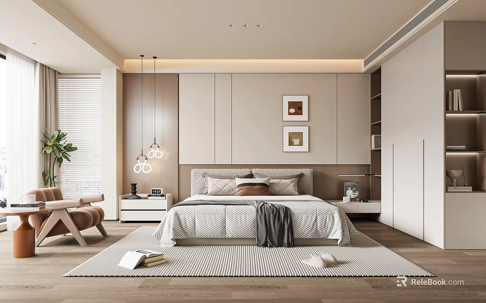 Modern Bedroom Interior Design With Neutral Tones Framed Artworks Pendant Light Bed And Armchair 3d model 