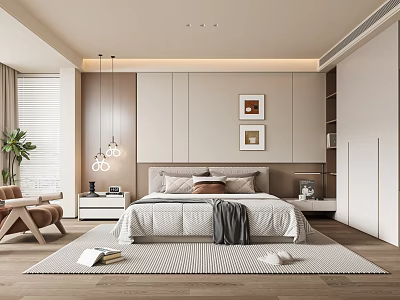 Modern Bedroom Interior Design With Neutral Tones Framed Artworks Pendant Light Bed And Armchair 3d model