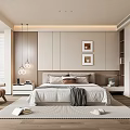 Modern Bedroom Interior Design With Neutral Tones Framed Artworks Pendant Light Bed And Armchair