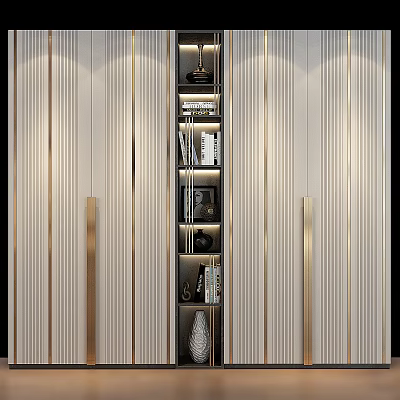Elegant Modern Bookshelf Interior Design With Layered Books Decorative Items And Gold Accent Lighting 3d model