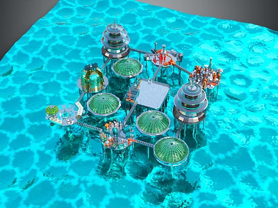 Underwater Building Structure With Circular Domes Tower Structures And Blue Water Surroundings 3d model