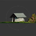 Small Stone And Wooden Building With Sloped Roof On Green Grass Surrounded By Trees