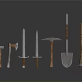 Set of Ancient Weapons Featuring Sword Axe Hammer Pickaxe Shovel with Wooden Handles
