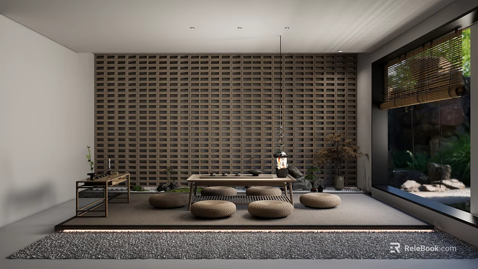 Modern Tea Room With Wooden Lattice Wall Long Table Round Cushions Greenery And Pebble Floor 3d model 