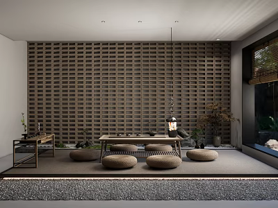 Modern Tea Room With Wooden Lattice Wall Long Table Round Cushions Greenery And Pebble Floor 3d model