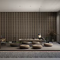 Modern Tea Room With Wooden Lattice Wall Long Table Round Cushions Greenery And Pebble Floor