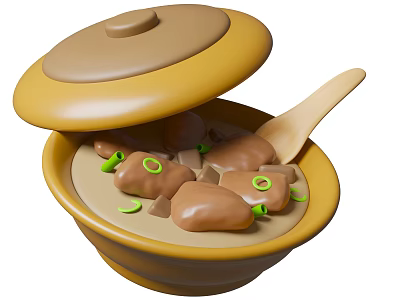 Clay Pot Filled With Appetizing Stewed Food And Wooden Spoon 3d model