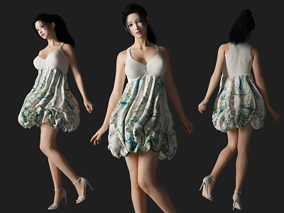 Woman In White Sleeveless Green Floral Print Short Dress With High Heels 3d model
