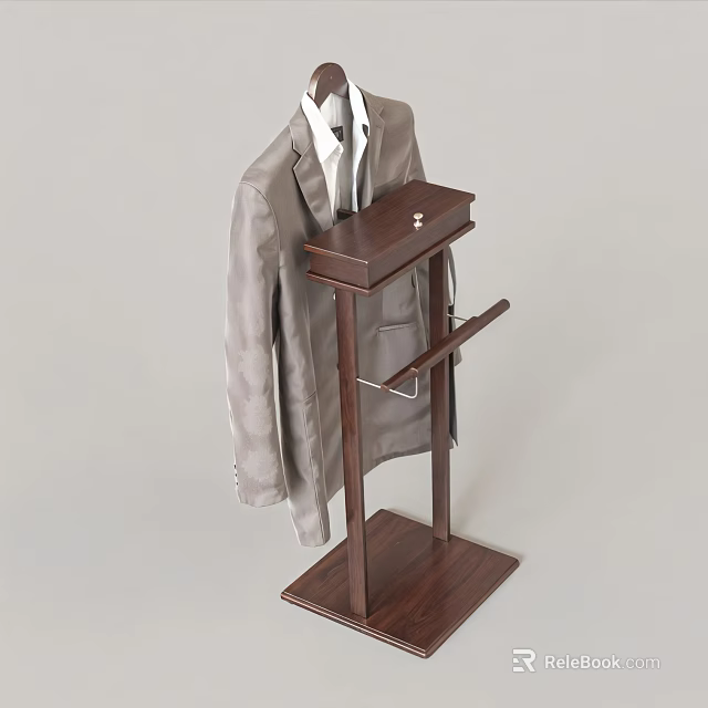 Modern Wooden Coat Rack With Hanging Gray Suit And Storage Shelf 3d model 