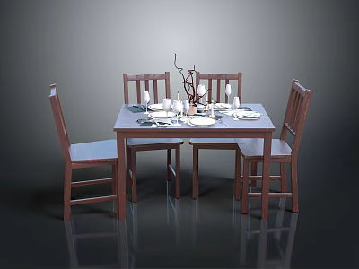 Modern Wooden Dining Table Set With Four Chairs And Tableware Decorations 3d model