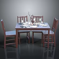 Modern Wooden Dining Table Set With Four Chairs And Tableware Decorations