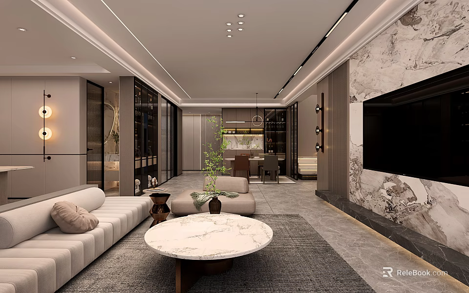 Modern Living And Dining Room With Beige Sofa Marble Table And TV Wall 3d model 