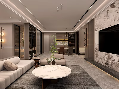 Modern Living And Dining Room With Beige Sofa Marble Table And TV Wall 3d model