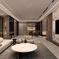 Modern Living And Dining Room With Beige Sofa Marble Table And TV Wall