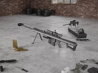 Modern Sniper Rifle With Ammunition Magazines Tactical Knives And Concrete Floor Setup 3d model