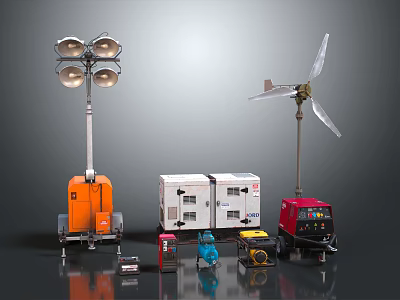 Industrial Equipment Including Portable Lighting Tower Wind Turbine Generators And Small Tools 3d model