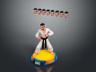 Karate Character in White Uniform Black Belt on Yellow Base With Multiple Heads Above 3d model