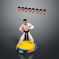 Karate Character in White Uniform Black Belt on Yellow Base With Multiple Heads Above