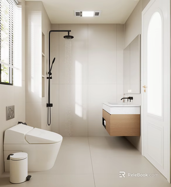 Modern Minimalist Bathroom With White Tile Walls Shower And Wooden Vanity 3d model 