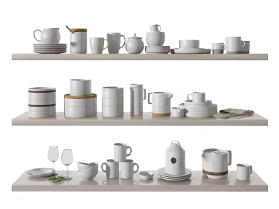 Modern White Dinnerware Set With Cups Plates Bowls Jars On Shelves 3d model