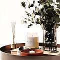 Decorative Ornament Set On Tray With Eucalyptus Glass Vase Reed Diffuser Scented Candle Ceramic Bowl