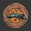 Mythical Blue Spotted Creature with Ornamental Gear Standing on Orange Circular Stone Platform