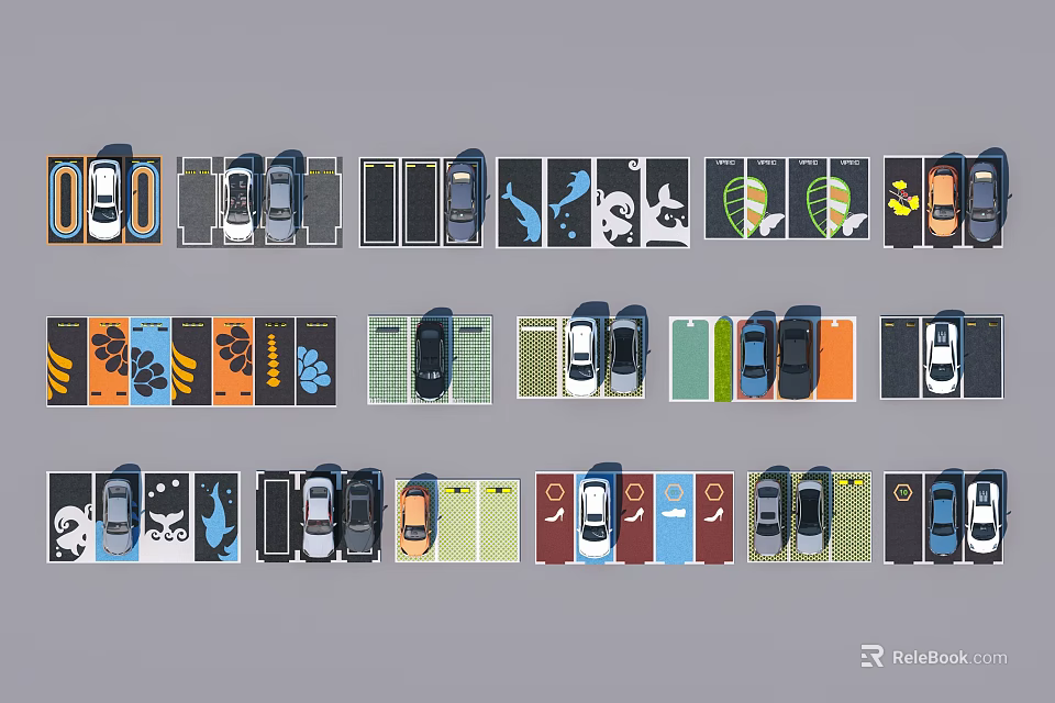 Diverse Parking Lot Layouts Featuring Various Vehicle Types And Colored Spaces 3d model 