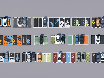 Diverse Parking Lot Layouts Featuring Various Vehicle Types And Colored Spaces 3d model