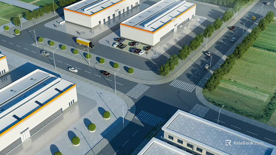 Modern Industrial Warehouse Complex With Parking Lot Trucks Cars And Green Trees 3d model 