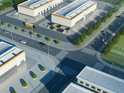 Modern Industrial Warehouse Complex With Parking Lot Trucks Cars And Green Trees 3d model