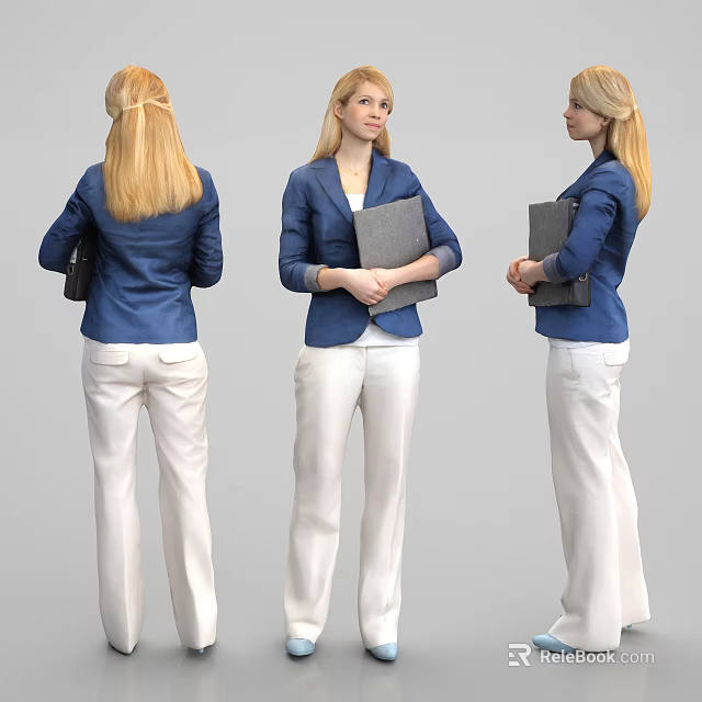 Woman Dressed In Blue Blazer And White Pants Holding Folder From Three Angles 3d model