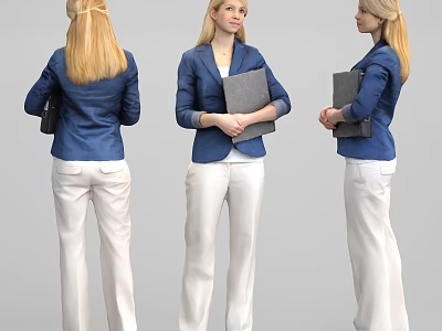 Woman Dressed In Blue Blazer And White Pants Holding Folder From Three Angles 3d model