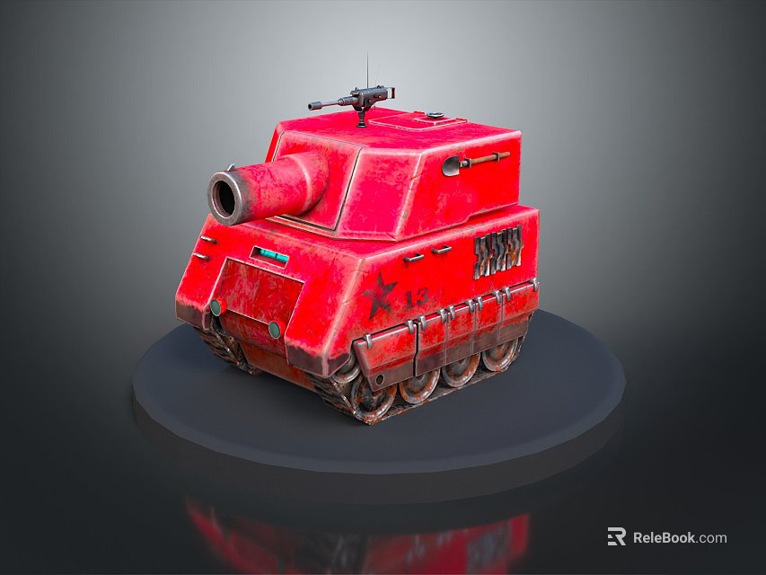 Red Military Tank With Cannon Top Machine Gun And Worn Tracks 3d model 