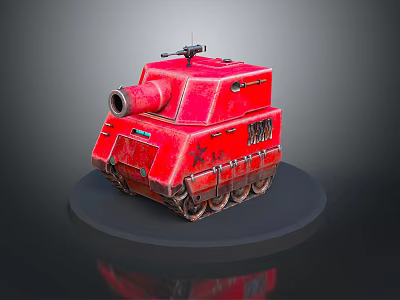 Red Military Tank With Cannon Top Machine Gun And Worn Tracks 3d model