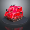 Red Military Tank With Cannon Top Machine Gun And Worn Tracks