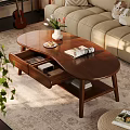 Oval Wooden Coffee Table With Storage Drawers Vase Flowers Lower Shelf Books Modern Living Room