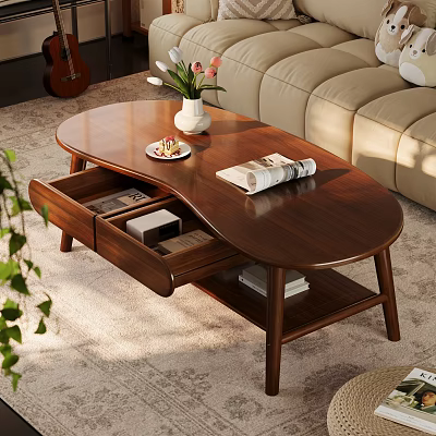 Oval Wooden Coffee Table With Storage Drawers Vase Flowers Lower Shelf Books Modern Living Room 3d model