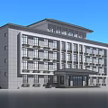 Modern Multi Storey Office Building With Stone Facade Large Windows And Entrance Portico