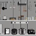 Organized Kitchen Space With Hanging Cooking Utensils Wall Racks Shelves And Small Appliances