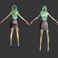 Red-haired Female Characters Front and Back Views White Tops Black Skirts Black Heels Dark Background