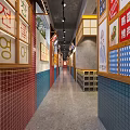 Traditional Style Restaurant Interior With Colorful Chinese Character Signs Brick Walls And Wooden Furniture
