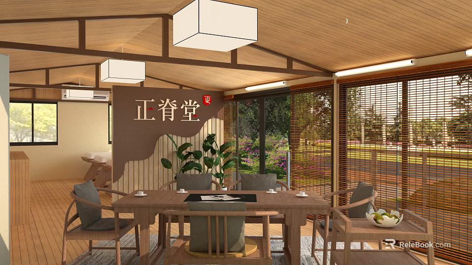 Traditional Chinese Clubhouse Interior With Wooden Ceiling Pendant Lights Dining Table And Green Plants 3d model 