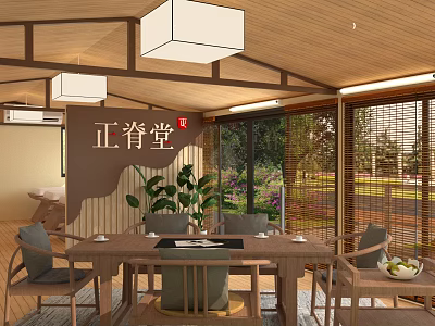 Traditional Chinese Clubhouse Interior With Wooden Ceiling Pendant Lights Dining Table And Green Plants 3d model