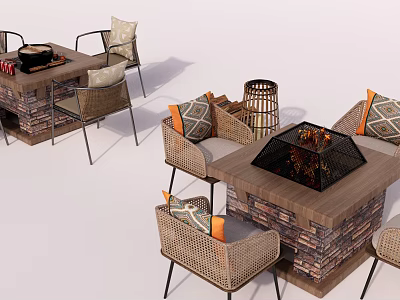 Outdoor Patio Furniture Set With Wicker Chairs Stone Fire Pit Table And Decorative Pillows 3d model