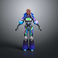 3D Model Of Female Character In Colorful Futuristic Armor With Glowing Elements